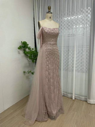 Luxurious Off-Shoulder Pink Mermaid Evening Dress - Beaded Tassel Gown with Spaghetti Straps and Side Train for Wedding Parties