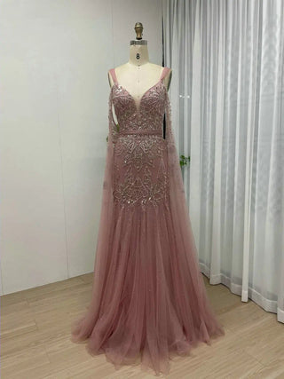 Ships in 1 to 3 Days - Exclusive Pink Arabic Evening Gown - Gorgeous V-Neck Mermaid Dress with Cape Sleeves and Beading for Wedding Parties