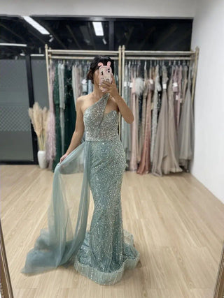 2024 Blue One-Shoulder Mermaid Evening Gown - Gorgeous Crystal Beaded Dress for Women’s Weddings and Prom