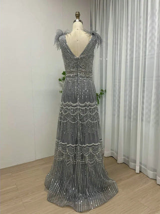 Ships in 1 to 3 Days - Dubai Sexy V-Neck Beaded Feathers Evening Gown - Luxury A-Line Wedding Party Dress for Women