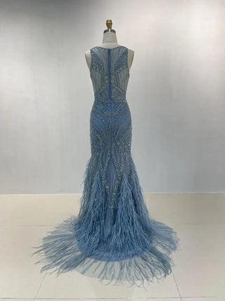 2024 Gorgeous Blue Mermaid Evening Gown - Luxury V-Neck Beaded Feathers Side Split Dress for Wedding Engagement Parties