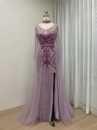 Exclusive Beaded Mermaid Evening Dress with High Split and Removable Train - Elegant Long Sleeves Dubai Wedding Party Gown