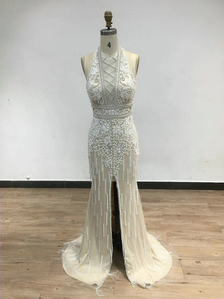 2024 Stunning White Halter Beaded Tassel Mermaid Gown - Sexy High Slit Prom Dress for Women’s Evening Wear