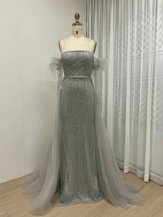 Ships in 1 to 3 Days - Grey Green Strapless Luxury Beaded Evening Dress - Exclusive Mermaid Gown with Gloves for Arabic Weddings and Formal Parties