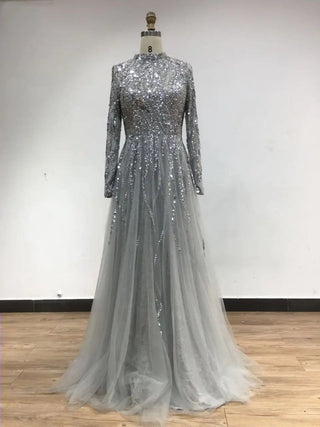 2024 Grey A-Line Evening Ball Gown - Gorgeous Long Sleeves Arabic Elegant High Neck Beaded Muslim Wedding Party Dress