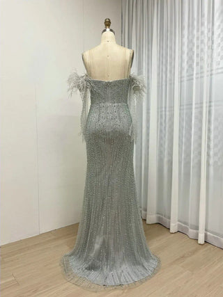 Ships in 1 to 3 Days - Grey Green Strapless Luxury Beaded Evening Dress - Exclusive Mermaid Gown with Gloves for Arabic Weddings and Formal Parties