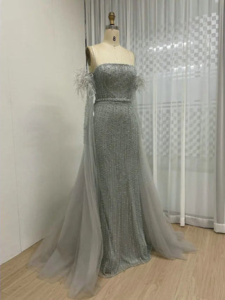 Ships in 1 to 3 Days - Grey Green Strapless Luxury Beaded Evening Dress - Exclusive Mermaid Gown with Gloves for Arabic Weddings and Formal Parties