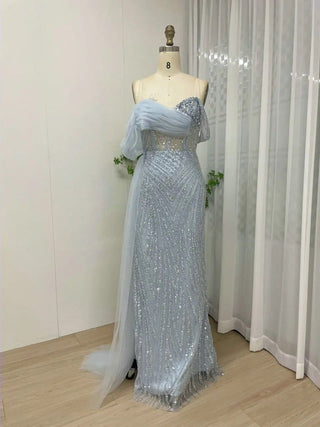 Blue Off-Shoulder Mermaid Evening Gown - Crystal Rhinestones Side Slit Wedding Party Dress for Arabic Special Events