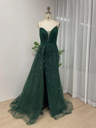 Green Luxury Mermaid High Split Evening Dress - Exclusive Beaded Spaghetti Straps Prom Gown for Women