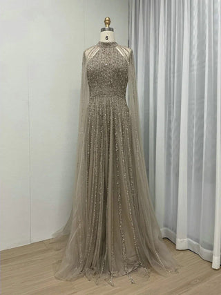 Caramel A-Line Evening Dress with Cape Sleeves - Luxurious Beaded High Neck Gown for Special Occasions