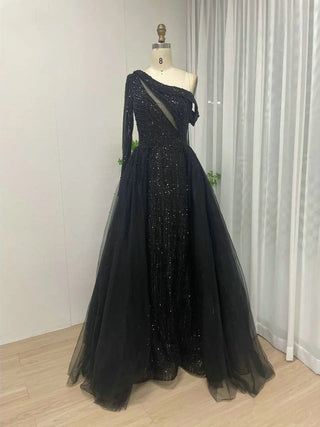 Ships in 1 to 3 Days - Champagne One-Shoulder Long Sleeve Mermaid Evening Gown - Stylish Arabic Luxury Beaded Dress for Special Events