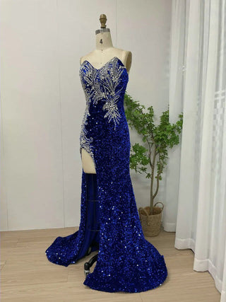 Sexy Strapless Royal Blue Prom Dress - Stunning Front Slit Bodycon Evening Gown with Shiny Sequin and Padded Design for Women