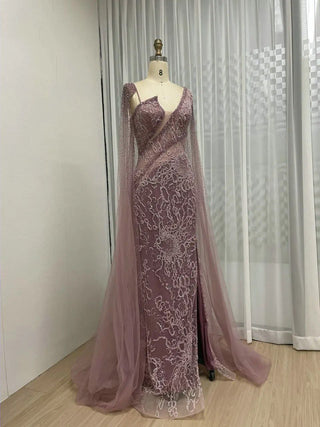 Luxury Arabic Mermaid Evening Dress - Pink Side Slit Gown with Cape Sleeves and Beaded Detailing for Special Events