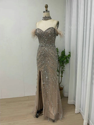 Ships in 1 to 3 Days - Nude Strapless Prom Dress - Exclusive High Split Beaded Feathers Evening Gown for Women’s Celebrity Parties in Dubai