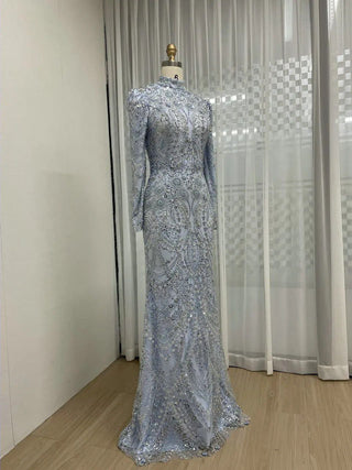 Luxury Beaded High Neck Long Sleeves Evening Dress - Elegant Blue Mermaid Party Gown for Wedding Guests