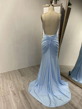 Blue Mermaid Evening Gown - Elegant Spaghetti Straps Backless Dress with Pleats for Girls’ Wedding Parties