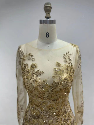 2024 Gold Sheer Long Sleeves Mother of the Bride Dress - Elegant Beaded Mermaid Floral Gown for Weddings and Prom Parties