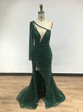 Arabic Exclusive Champagne One-Shoulder Evening Dress - Luxury High Split Mermaid Gown with Long Sleeve for Women’s Formal Events in Dubai