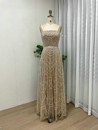 Champagne Square Neck A-Line Wedding Party Dress - Stunning Sleeveless Open Back Beaded Evening Gown with Belt