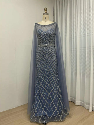 Luxury Blue Mermaid Evening Gown with Cape Sleeves - Exclusive O Neck Beaded Dress for Dubai Formal Events