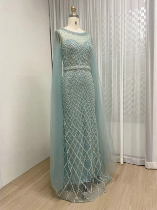 Luxury Blue Mermaid Evening Gown with Cape Sleeves - Exclusive O Neck Beaded Dress for Dubai Formal Events