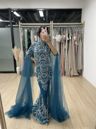 Ships in 1 to 3 Days - 2024 Blue Mermaid Wedding Party Gown - Beaded Lace Cape Sleeves High Neck Tulle Dress for Muslim Formal Occasions