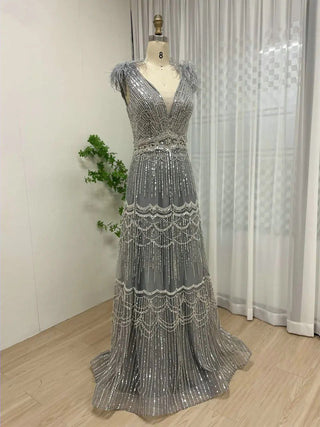 Ships in 1 to 3 Days - Dubai Sexy V-Neck Beaded Feathers Evening Gown - Luxury A-Line Wedding Party Dress for Women