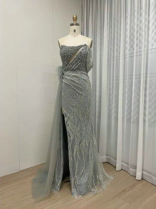 Exclusive One-Shoulder Mermaid Evening Formal Dress - Luxury Beaded Feathers with High Slit for Wedding Guests