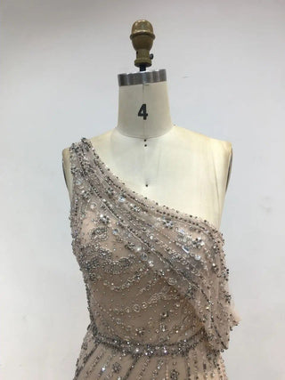 2024 Champagne One-Shoulder Beaded Tea-Length Wedding Party Dress - Gorgeous Arabic Luxury Mermaid Evening Gown for Women