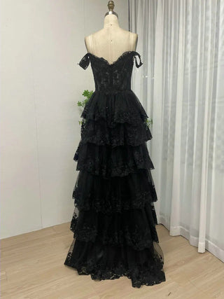 Elegant Black Off-Shoulder A-Line Lace Evening Gown - Sexy V-Shape Back Prom Dress for Women’s Parties