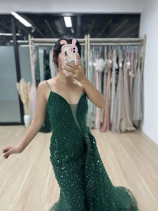 Green Luxury Mermaid High Split Evening Dress - Exclusive Beaded Spaghetti Straps Prom Gown for Women