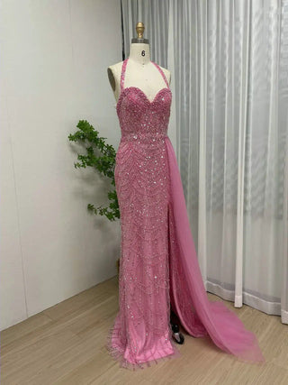 Exclusive Fuchsia Mermaid Evening Dress - High Split Halter Sweetheart Neck Gown for Arabic Weddings and Special Events