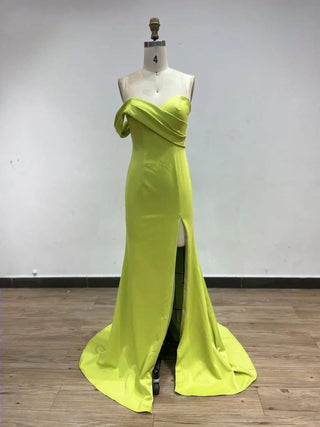 Yellow Strapless Mermaid Gown - Sexy High Slit Satin Evening Dress for Girls’ Prom and Parties