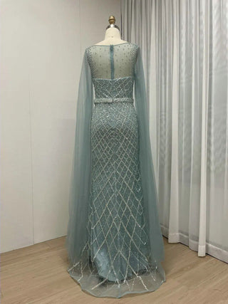 Luxury Blue Mermaid Evening Gown with Cape Sleeves - Exclusive O Neck Beaded Dress for Dubai Formal Events