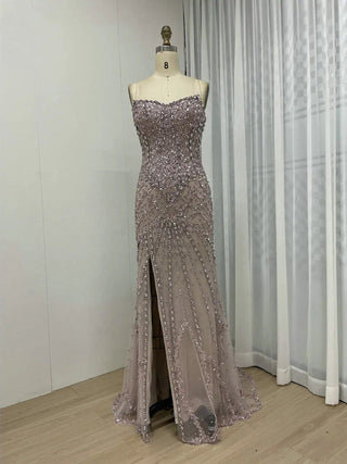 Ships in 1 to 3 Days - Stunning Grey Mermaid Evening Dress - Sexy High Split Gown with Transparent Spaghetti Straps and Open Back for Prom and Parties