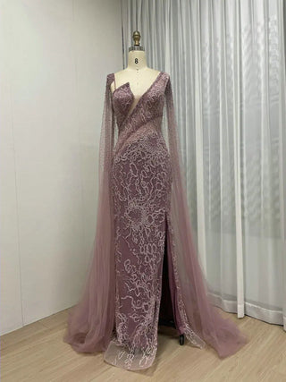 Luxury Arabic Mermaid Evening Dress - Pink Side Slit Gown with Cape Sleeves and Beaded Detailing for Special Events