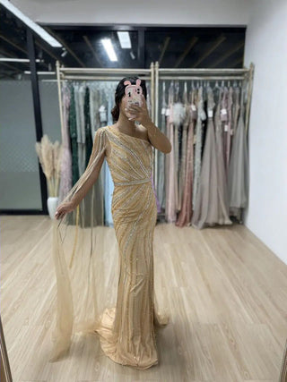 Ships in 1 to 3 Days - Luxury Gold One-Shoulder Mermaid Gown with Cape – Beaded Split Evening Dress for Weddings & Celebrity Parties 2024