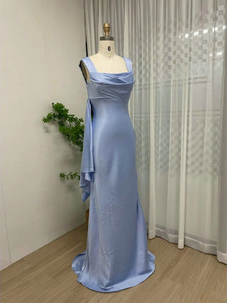 Light Blue Simple Mermaid Satin Evening Dress - Sexy Sleeveless Open Back Gown for Bridesmaids and Prom