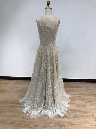 Ivory One-Shoulder A-Line Evening Ball Gown - Stunning Luxury Beaded Sleeveless Dress for Wedding Parties