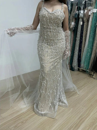 Ships in 1 to 3 Days - Sparkly Beaded Spaghetti Straps Mermaid Evening Dress - Sweetheart Neck Gown with Gloves for Arabic Wedding Guests