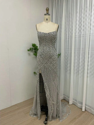 Ships in 1 to 3 Days - Stunning Grey Mermaid Evening Dress - Sexy High Split Gown with Transparent Spaghetti Straps and Open Back for Prom and Parties