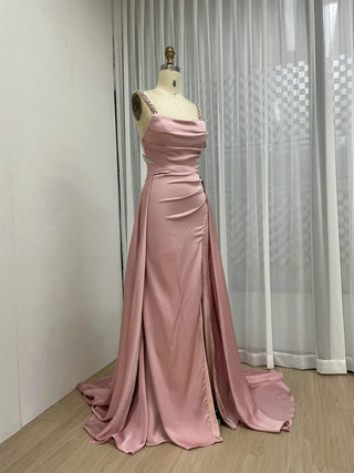 Pink Beaded Spaghetti Straps Mermaid Evening Gown - Luxury High Split Dress with Overskirt for Weddings and Prom