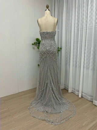 Ships in 1 to 3 Days - Stunning Grey Mermaid Evening Dress - Sexy High Split Gown with Transparent Spaghetti Straps and Open Back for Prom and Parties