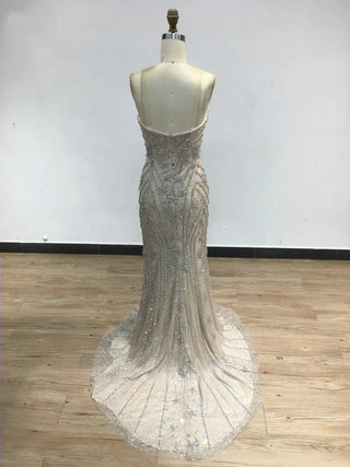 Champagne Mermaid Sleeveless Evening Gown - Luxury Strapless Backless Beaded Prom Dress for Wedding Parties in Dubai