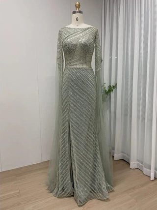 Ships in 1 to 3 Days - 2024 Green High Split Mermaid Evening Gown - Stylish Beaded Dress with Cape Sleeves for Women’s Weddings and Parties