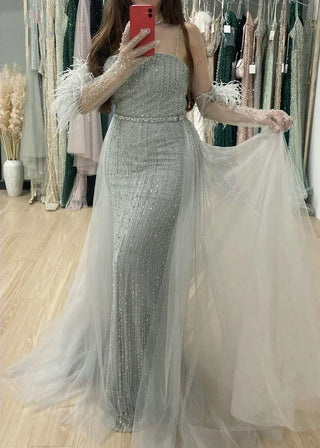 Ships in 1 to 3 Days - Grey Green Strapless Luxury Beaded Evening Dress - Exclusive Mermaid Gown with Gloves for Arabic Weddings and Formal Parties