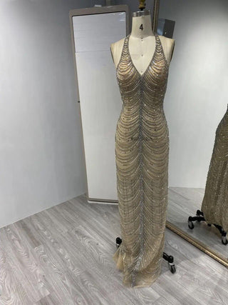 2024 Champagne Luxury Mermaid Cocktail Dress - Halter Beaded Tassel Evening Gown with V-Neck and Backless Design