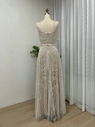 2024 Luxury Beaded A-Line Evening Dress - High Split Formal Party Gown with Exclusive Square Neck for Weddings and Prom