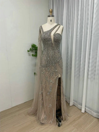 Ships in 1 to 3 Days - Stunning Beaded One-Shoulder Nude Evening Dress - Trendy Cape Sleeve High Split Gown for Wedding Guests in Dubai