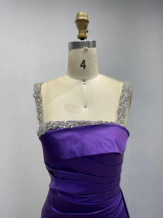 2024 Purple Mermaid Evening Gown - Stunning High Split Satin Party Dress with Spaghetti Straps and Beaded Detailing for Weddings